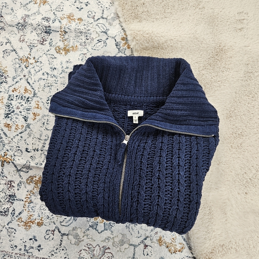 Aerie Cable Car Quarter Zip Sweater Pullover Navy Blue XL